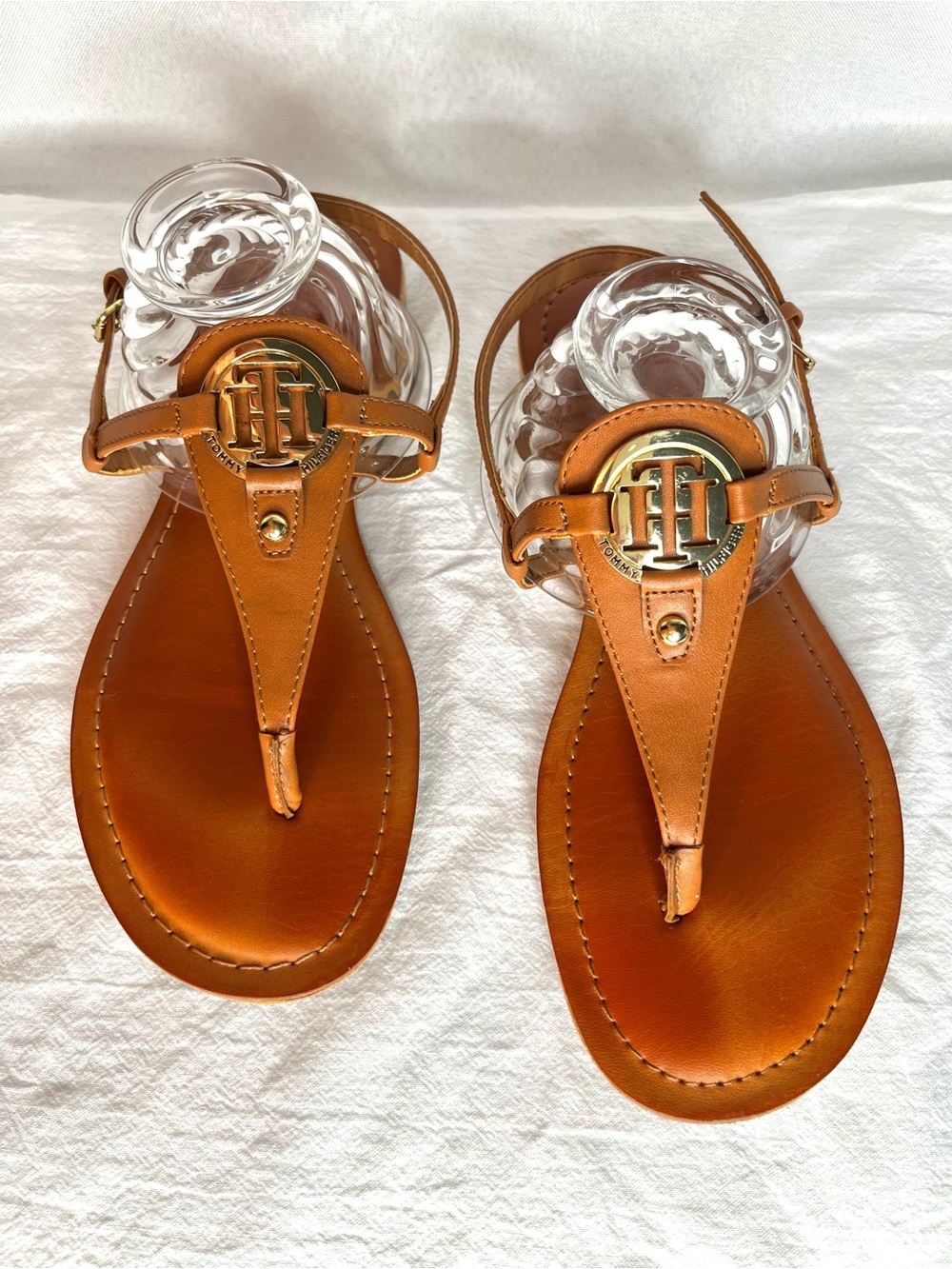 Tommy Hilfiger Cognac Leather Logo Thong Sandals
